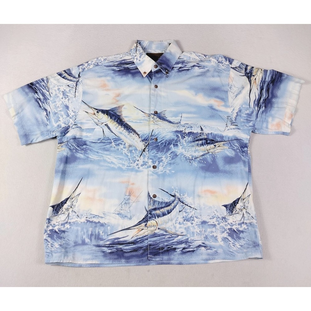 Magellan Sportswear Shirt Mens 2XL Blue Marlin Ocean Fishing Hawaiian‎ Aloha
